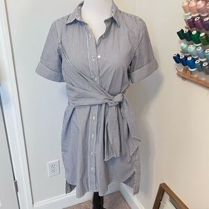 Free Assembly Wrap Front Belted Navy and White Striped Short Sleeve Dress